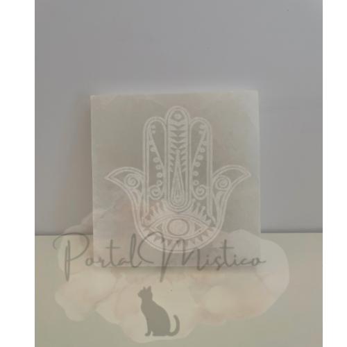Placa de Selenita Mano de Fátima (Hamsa) - Protección contra el Mal de Ojo
